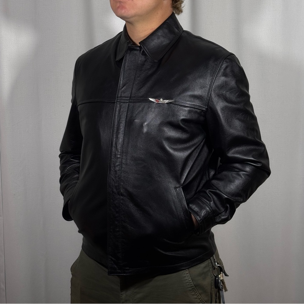 Pop’s Leather Rare Black Leather Jacket with Virgin America Logos